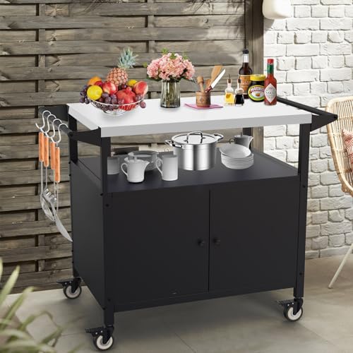 Image of COZEER Outdoor Grill Table with Storage, Movable BBQ Grill Cart, Outdoor Kitchen Prep Station, Rolling Bar Serving Cart with Utensil Hooks, Blackstone Griddle Stand