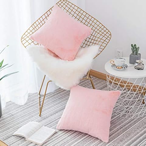 Home Brilliant Pink Fur Cushion Covers 18x18, Lovely Gifts for Mom, Faux Rabbit Fur Fluffy Cushion Cover for Sofa Bed Couch, Set of 2, (45 x 45cm, Pink) Cover