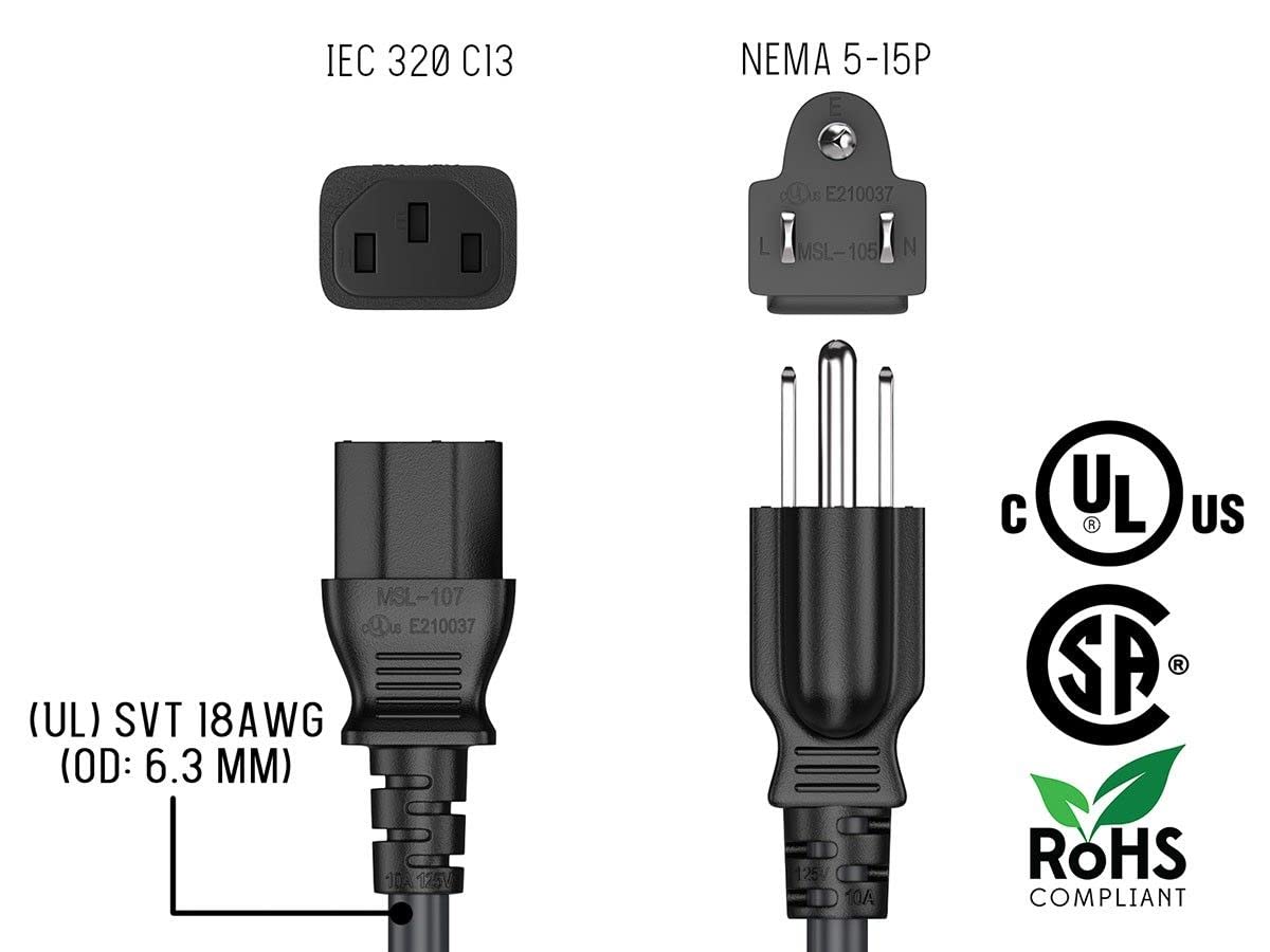 Laptop-Netzkabel, 3 m, NEMA 5-15P auf C13, 10 A 125 V, 18 AWG, schwarzes Ersatznetzkabel, Drucker-Stromkabel, Stromkabel