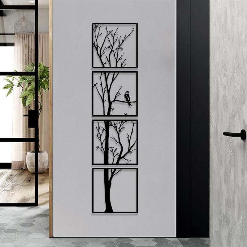 Moscow Wings Modern 4-Panel Wall Art Set, Black Tree Branch and Bird Silhouette Design, Wooden Frame, Contemporary Home Decor-image-29