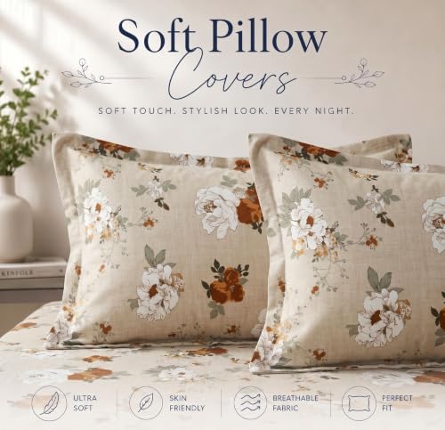 Image of BSB HOME 210 TC Cotton Feel Double Bedsheet with 2 Pillow Covers, Soft & Breathable Floral Printed Bed Sheet, Easy Care Bedding for Bedroom - 86 x 88 Inches (218 x 224 cm) (Warm Ecru)