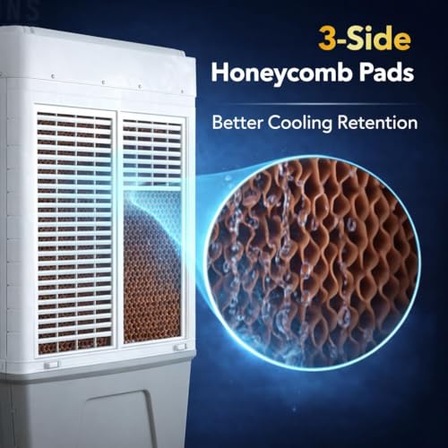 Image of Rocksun Curvv Desert Air Cooler with Honeycomb Pads, 16-Inch Fan, 4000 m /hr Airflow, Auto Swing Louvres, 3-Side Cooling, Powerful 200W Desert Air Cooler for Home & Office (Curvv 60)