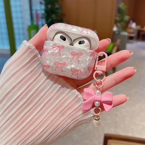 Image of MINSCOSE for Cute Glitter AirPods 4 Case,Shell Pattern Bow Ribbon Trendy Design with Bowknot Pearl Keychain,Protective Shockproof Cover for Apple Airpods iPod 4th Generation for Women Girl-Pink