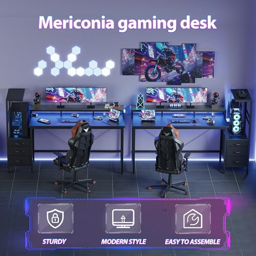 Image of Mericonia 60 inch Gaming Desk with Drawers, Reversible Computer Desk, Black | Gamer Desk with LED Lights, Power Outlets & Monitor Stand, Large Office Table for Home Bedroom Study Work Writing