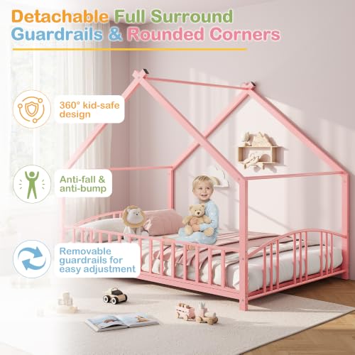 Image of Garvee Full Size Montessori Metal House Floor Bed Frame with Rail, Pink