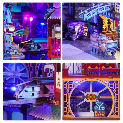 Image of Tonecheer DIY Book Nook Kit for Adults, Wooden 3D Puzzle Bookend Bookshelf Insert Decor, Cyber Punk Booknook Miniature House Kit with Dust Cover and Body Motion Sensor LED (Cyber City)