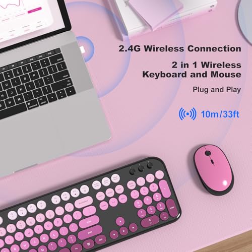 Image of Wireless Keyboard Mouse Combo - Lovely Blackpink-Gradient Rainbow Full-Sized Typewriter Colorful Keyboards, Round Keycap Plug Play Retro Cute Keyboards for Windows, Laptop, PC, Desktop, Computer