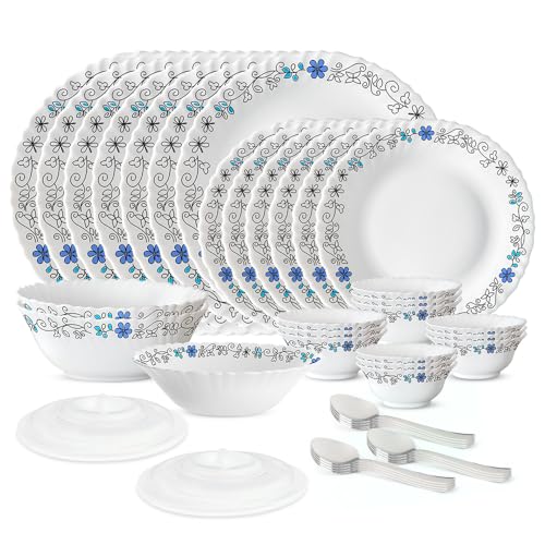 Image of Larah by Borosil 41pc Opalware Silk Series Dinner Set with Steel Spono | for Family of 6 | Microwave & Dishwasher Safe | Bone-Ash Free | Crockery Set for Dining & Gifting | Plates & Bowls (Blue IRIS)
