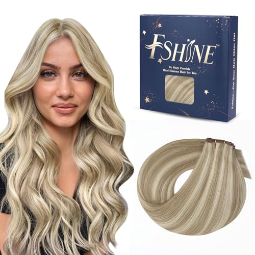Fshine Sew in Hair Extensions 18 Inch Ash Blonde with Golden Blonde Real Human Hair Weave Hair Extensions 50 Grams Straight Wefts Real Human Hair