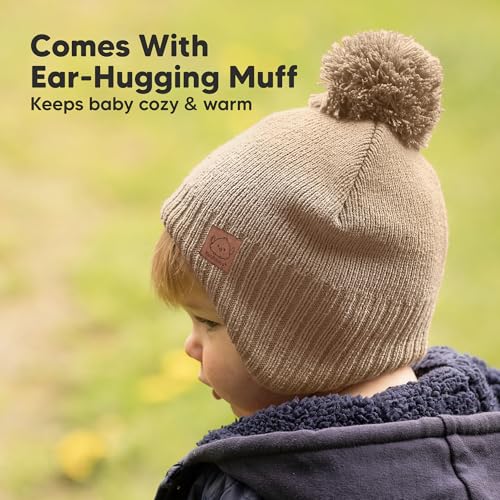 Image of Baby Beanie Winter Hat 6-36 Months - Cute Pom Winter Baby Hats with Earflaps, Soft & Stretchy Knit Toddler Beanies for Infant, Newborn 6-36 Months Boys, Girls, Cozy, Warm Fall Essentials (Taupe, M)