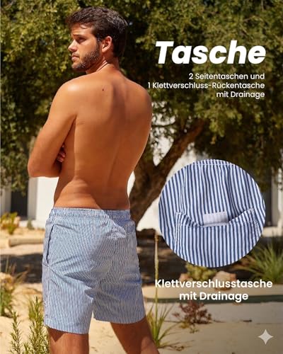 MaaMgic Badehose Herren Badeshorts Männer 18cm Innenlänge Badehosen Für Herren Schnelltrocknend Boardshorts Surfen Strandhose Mit Mesh-Futter Blau Gestreift L 5