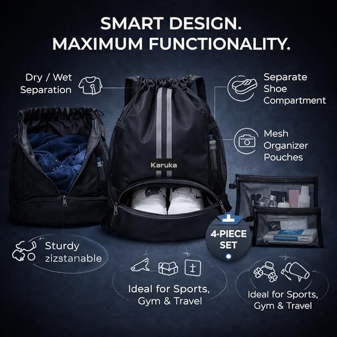 Gym Backpack with Shoe Compartment & 3 Mesh Organizer Pouches –Pickleball Bag Drawstring Sports Bag for Men & Women — view 4