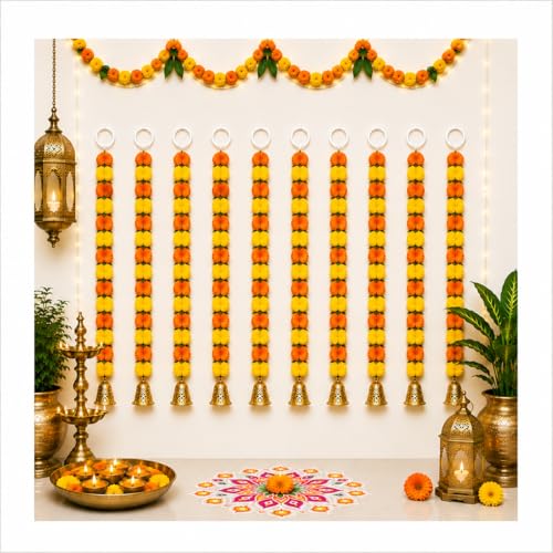 Image of Bindian Artificial Marigold Flower Toran 2.5 Ft Yellow Orange with Leaf & Bells | Decorative Bandanwar for Diwali, Pooja, Wedding, Festival, Home Entrance & Wall Decoration (Pack of 10)