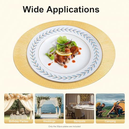 50 Platos Cargadores Dorados de Plástico, 13" Redondos miniatura 4
