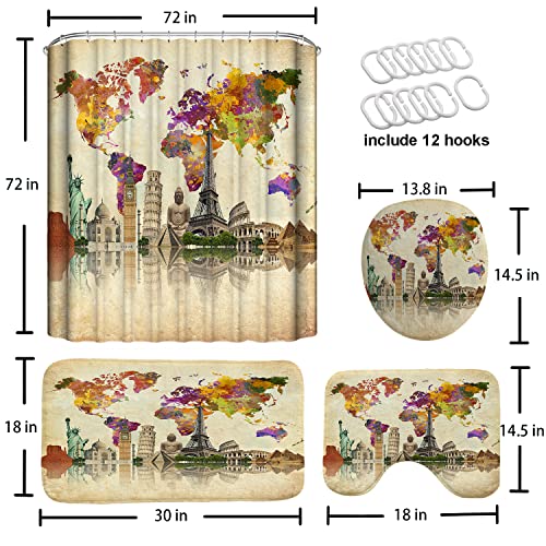 Griekowe Vintage World Map Shower Curtain Sets, 4 Pcs Famous Culture Landmark Statue Of Liberty Eiffel Tower Big Ben Spot Waterproof Fabric Bathroom, Shower Curtains With 12 Hooks Included(72X72In) #TOP1