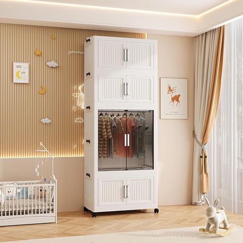 Image of AYSIS ๐ ๐๐๐๐ Plastic Wardrobe for Kids Clothes with Wheels | Multipurpose Collapsible Wardrobe Storage Almirah Wardrobe for Clothes, Kitchen Cupboard | Plastic Cupboard for Kids for Home - White