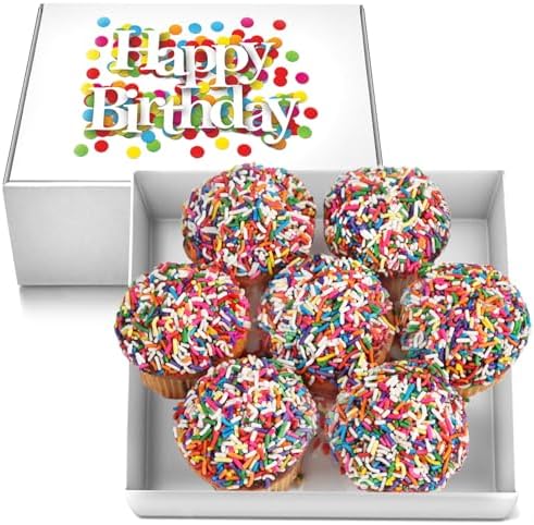 Happy Birthday Vanilla Cupcakes LARGE Gift Basket Colorful Rainbow Sprinkle | 7 INDIVIDUALLY WRAPPED Fresh Cupcakes | Party Food Gift