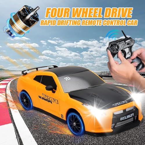 Image of Rc Drift Remote Control Car 1:24 Scale, High-Speed, 4Wd, Led Lights, Battery Racing Car, Drifting Tires, 2.4Ghz, for Kids (RC Drift II - Yellow)