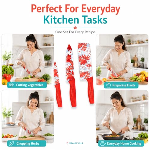 Image of BRAND VILLA Kitchen Knife Set of 3, Ultra Sharp Stainless Steel Chef Knife, Utility Knife & Paring Knife, Non-Stick Coated Blades, Ergonomic Anti-Slip Handle for Fruits, Vegetables & Meat (Red)