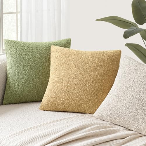 Image of Foindtower Set of 2, Decorative Textured Boucle Throw Pillow Covers Accent Solid Pillow Cases Neutral Couch Cushion Case for Chair Sofa Bedroom Living Room Home Decor 24x24 Inch Light Yellow