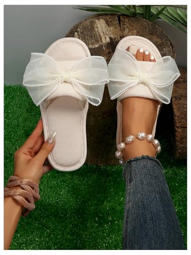 OYOANGLE Women's Lace Bow Decor Open Toe Bedroom Slippers Slip on Slides Comfy Indoor Home Slippers3