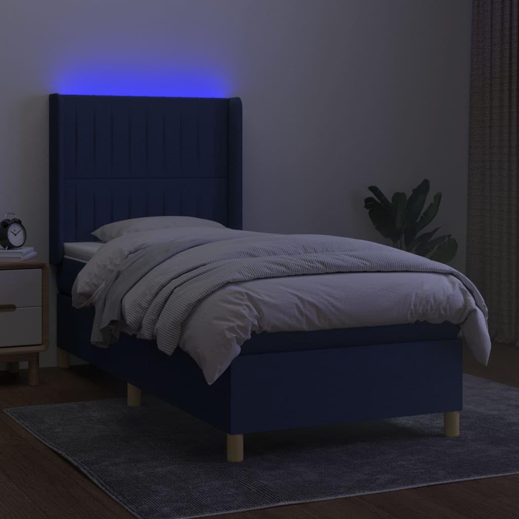 Cama con somier con colchón y tiras LED azul, 100 x 200 cm, cabecero de tela transpirable, altura regulable, comodidad para dormir para jóvenes y adultos