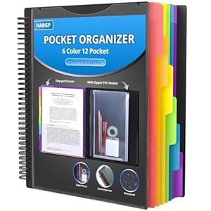 HABGP 12 Pocket Plastic folders with Pockets, 6 Colors Multi Pocket Folder Binder with Dividers, Office Organizer Folder Letter Size School Supplies