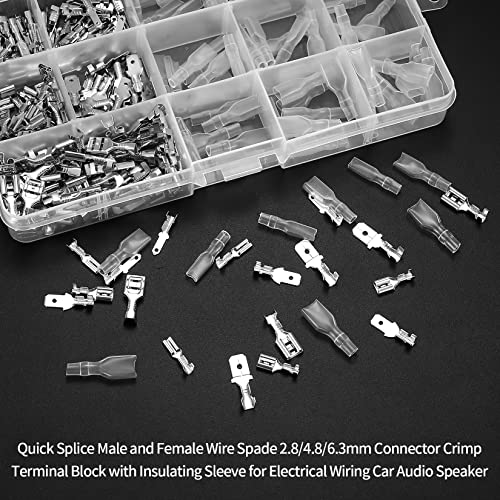woshilaoDS 360 Stk Kabelschuhe Set, Flachsteckhülsen Set, 2,8mm 4,8mm 6,3mm Flachstecker, Männlich & Weiblich Kabelstecker mit Isolierhülse, Elektrische Quetschverbinder Crimpverbinder