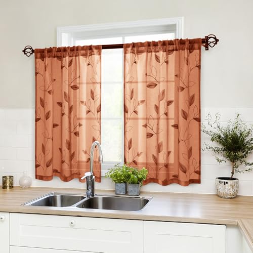 HOMEIDEAS Fall Burnt Orange Sheer Kitchen Curtains 30 X 36 Inch Length 2 Panels Embroidered Leaf Pattern Short Curtains for Small Window Valance Tiers