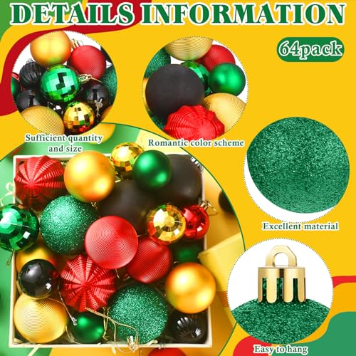 Image of Lunmon 64 Pcs Black History Christmas Ornaments Black Red Yellow Green Ball