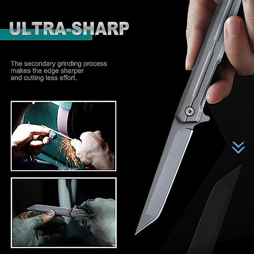 Pocket-Knife-for-Men-Tanto-Folding-Knives-with-Clip-EDC-Pocket-KnifeSlim-Gentlemans-Knife-with-Aluminum-Handle-Tactical-Knife-with-Flipper-Open-Liner-Lock-for-Outdoor-Survival-Camping