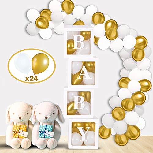 Mint & Elm Baby Shower Decorations for Girls and Boys, Clear Boxes with Balloons, Birthday Decorations, Gender Reveal Box for Balloons, 37 Pieces (Gold)
