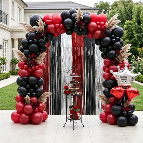 Image of TONIFUL 2Pcs Burgundy Black Silver Metallic Tinsel Foil Fringe Curtains | 3.3ftx6.6ft Photo Booth Backdrop Door Streamers for Wedding Anniversary Fall Harvest Masquerade Bachelorette Party Decoration