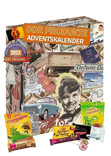 [ Boxiland ] DDR Adventskalender mit 24 Ostdeutschen Produkten I Geschenkset Ostprodukte I Adventskalender 2023 mit Süßigkeit