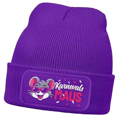 MoonWorks Damen Beanie Patch - Karnevalsmaus -Strickmütze Spruch Karneval Fasching Aufdruck Lustig Damenmütze Lila Unisize