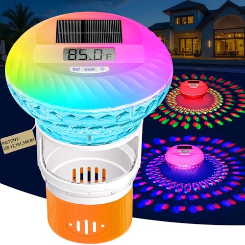 Chlorine Floater with Digital Thermometer, Solar Pool chlorines Floater with Lights,Button Control Pool Chlorine Dispenser,Large LCD Screen Floating Chlorines Dispenser,Adjustable Flow（Orange）