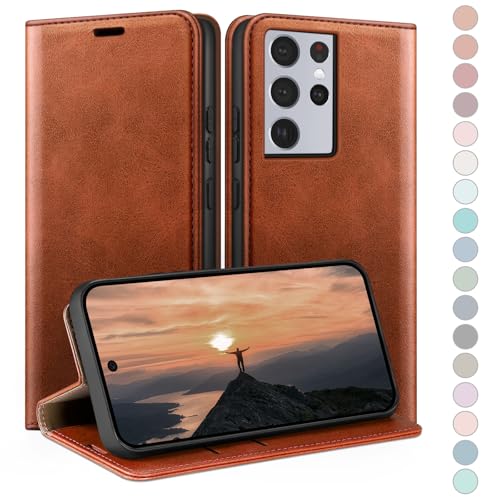 Coque Samsung S21 Ultra avec blocage RFID étui portefeuille en cuir rabat brun clair