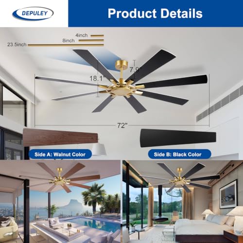 Image of Depuley Ceiling Fan Without Light: 72 Inch Big Indoor Outdoor Fan with Remote Control - Large Farmhouse Black Gold Ceiling Fan no Light 8 Blade Reversible Quiet DC Motor Memory Function Timer