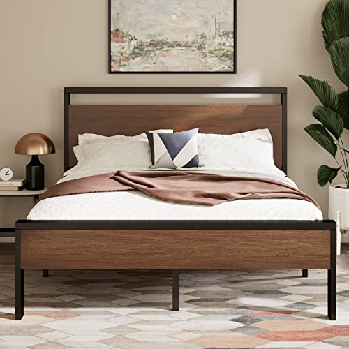 HOOMIC Full Size Platform Bed Frame with Rustic Wooden Headboard and Footboard, Heavy Duty 12 Metal Slats Strong Support, Mattress Foundation for Storage, No Box Spring Needed, Walnut
