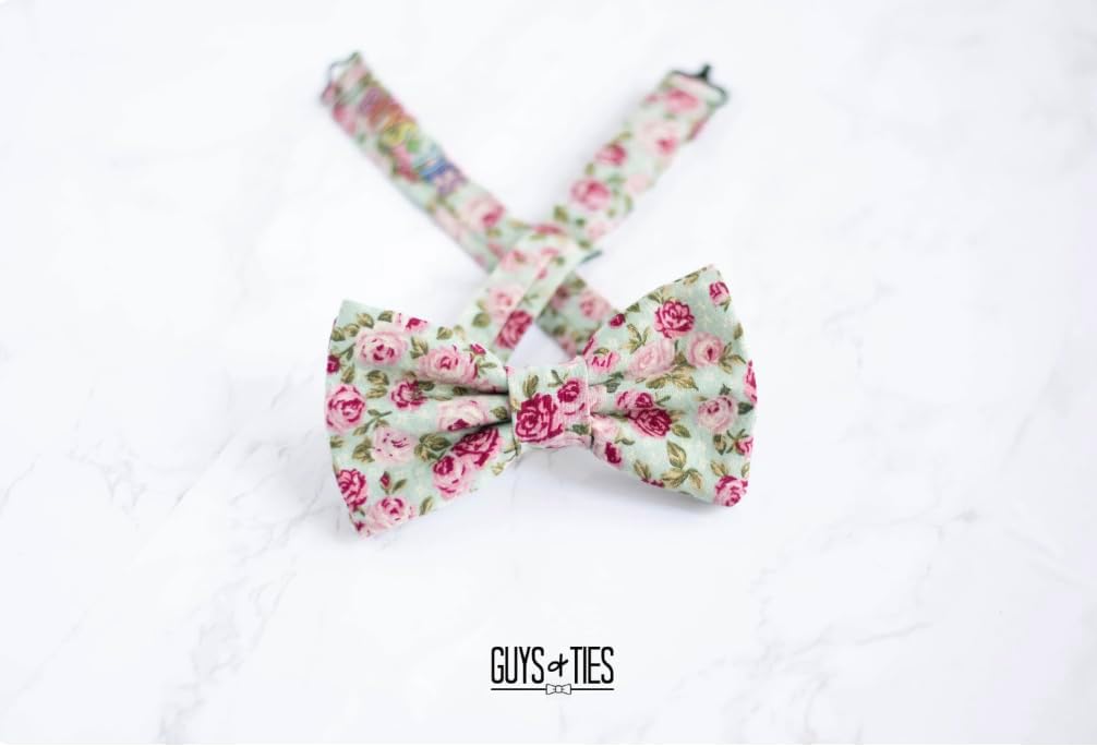 mint green + pink raspberry roses floral bow tie | rose flowers pre tied self tie pocket square | wedding prom school dance