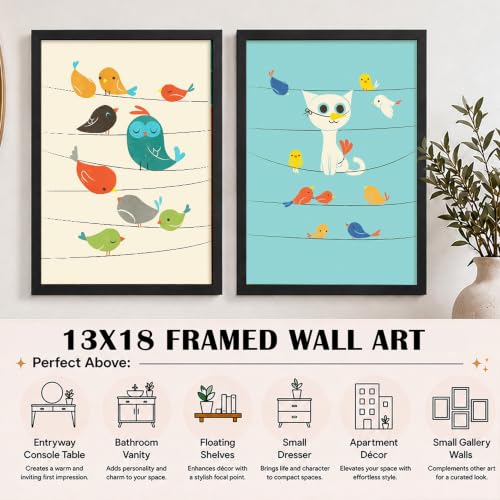 Image of PAINTINGMANTRA Birds & Cat Cartoon Wall Art Painting for Kids Room, Animal Framed Painting for Living Room, Playroom, kids room decoration items, Set of 2, 13x18 Inch