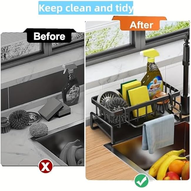 Black Sponge Holder for Kitchen Sink, Countertop Organizers and Storage Essentials Large Capacity Kitchen Sink