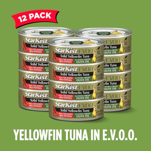 Image of StarKist E.V.O.O. Solid Yellowfin Tuna, Crushed Red Peppers, 4.5oz, 12-Pack | 25g of Protein Per Serving, Features Extra Virgin Olive Oil, Wild Caught Tuna, Gluten Free, Soy Free, Omega 3s