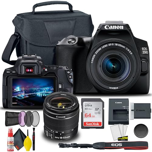 Canon EOS 250D / Rebel SL3 DSLR Camera with 18-55mm Lens (Black), Creative Filter Set, EOS Camera Bag, Sandisk Ultra 64GB Card, 6AVE Electronics Cleaning Set, and More