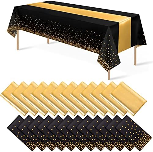 24Pack Disposable Plastic Tablecloths and Satin Table Runner Set Black Gold Dot Table Cloth Gold Satin Table Runner for Graduation Wedding Birthday Baby Shower Anniversary Holiday Party Decorations