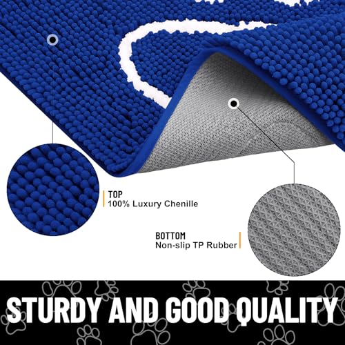 Image of Smiry Dog Door Mat for Muddy Paws, Absorbent Dirt Trapper Non Slip Quick Dry Washable Chenille Mat for Mud Dogs, Entry Rug for Indoor and Outdoor (30x20 Inches, Royal Blue and White)