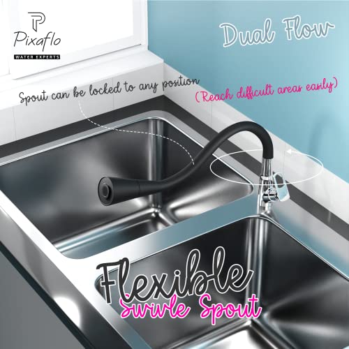 Image of Pixaflo Brass Swan Neck Tap with 360-degree Swivel Black Flexible Silicone Swivel Spout for Kitchen Sink and Wash Basin, Dual Flow (Cassia)