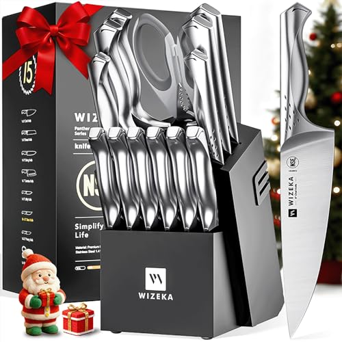 WIZEKA Kitchen Knife Set with Block: Razor Sharp 15 Pcs Professional Chef Knife Set with Knife Sharpener, Food Grade German Stainless Steel Knife Block Set, Jaguar Series