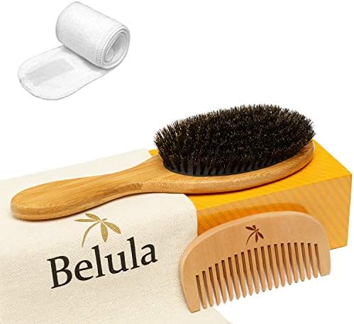 Belula 100% Boar Bristle Hair Brush Set (Large). Soft Natural Bristles for Thin and Fine Hair. Restore Shine And Texture. Wooden Comb, Travel Bag and Spa Headband Included!