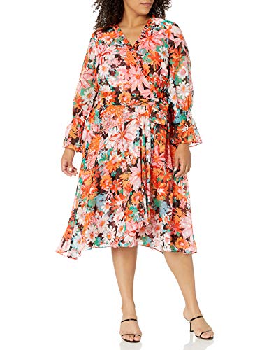 Tahari ASL Women's Petite Long Sleeve Surplus Wrap Dress with Smocking Detail, Coral Pink Floral, 6P